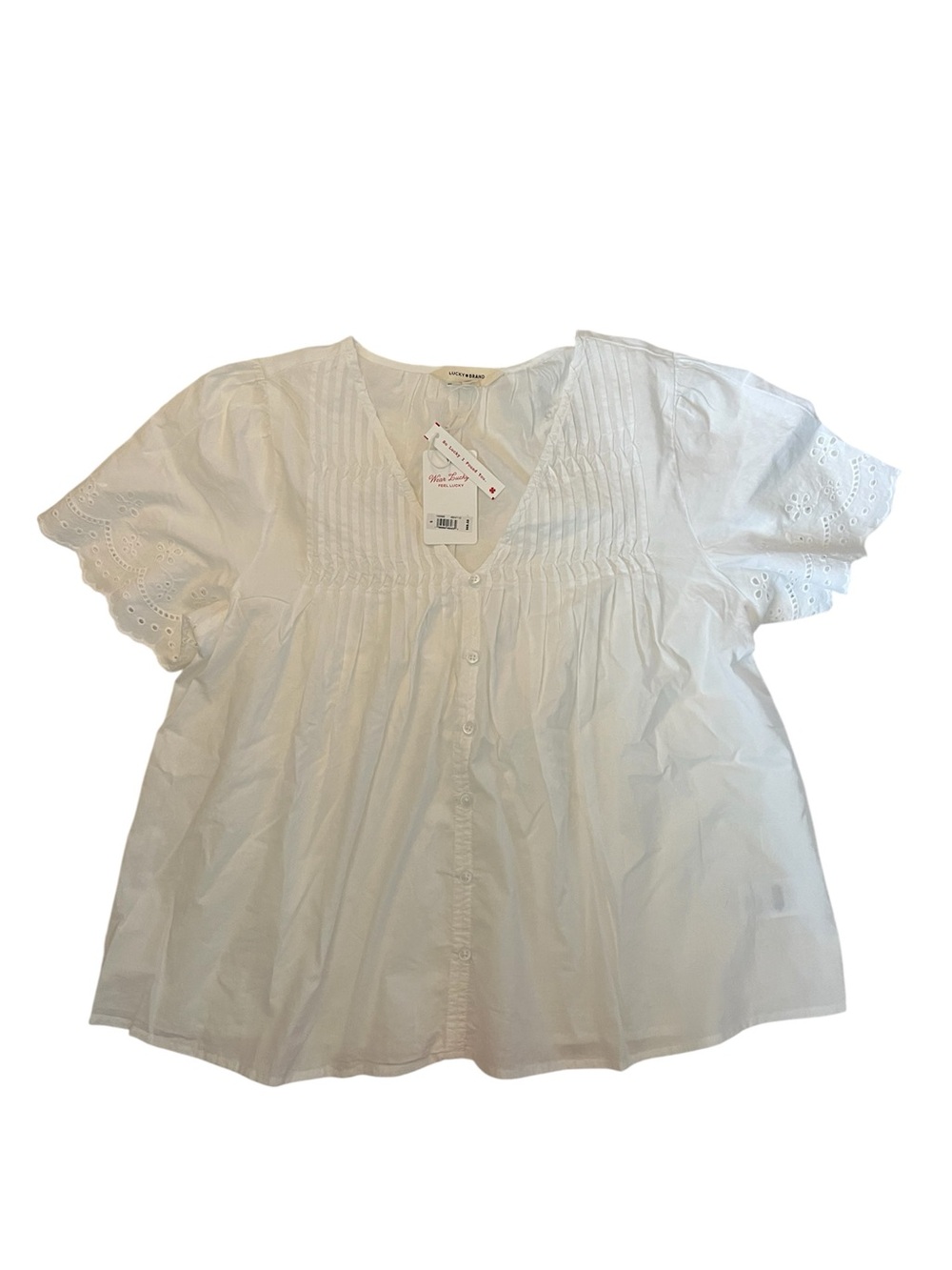 Lucky Brand White Button-Front Eyelet Pintuck Top